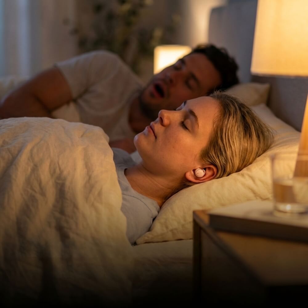 Paar im Bett, er schnarcht, sie schläft mit Nyvora Buds im Ohr