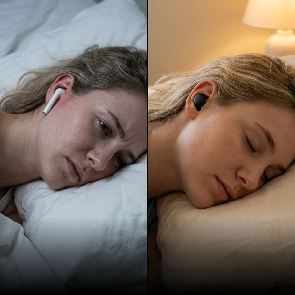 Vergleich: harter Ohrhörer haelt wach, weicher Nyvora Bud laesst schlafen