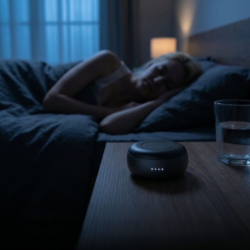 Ladecase auf dem Nachttisch, Frau schlaeft im Hintergrund